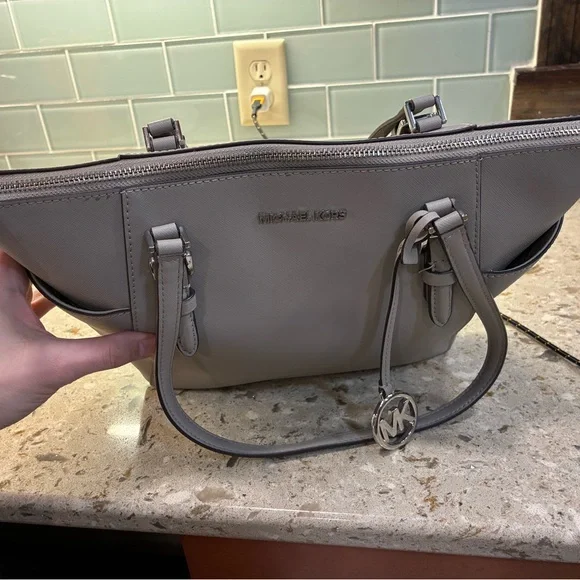 Michael Kors Light Gray Saffiano Leather Tote with MK Charm - Picture 6 of 8